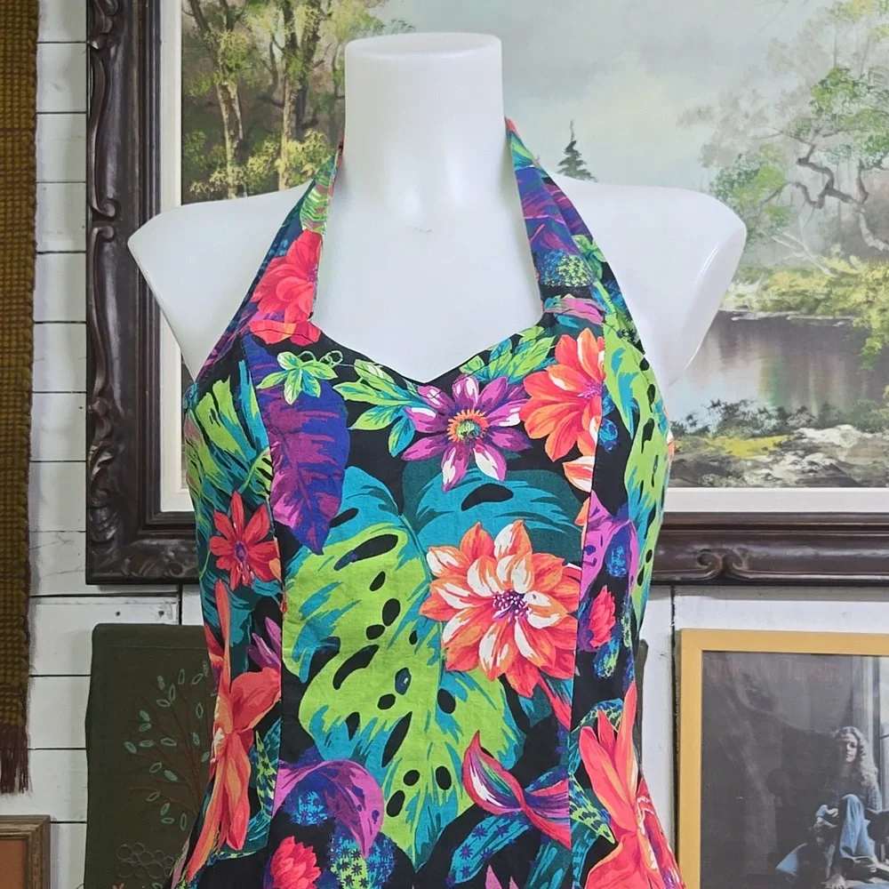 Cotton Halter Top Minidress Petticoat Exotic Plants Flowers Monstera Cactus - Picture 3 of 17